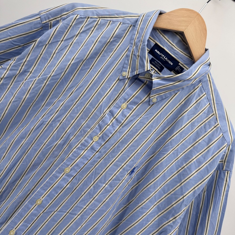 Ralph Lauren Button Down Shirt Mens XL Blue Striped Golf Tilden Cotton